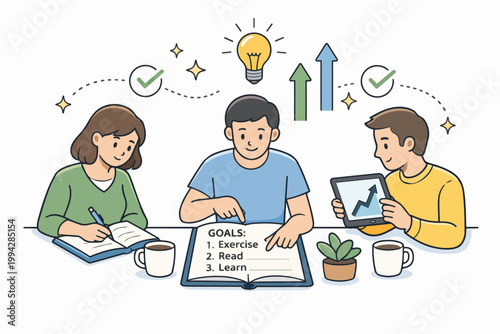 People setting and achieving goals, collaborating on business tasks, planning success