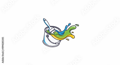 Vibrant paint splashes erupt from a bucket with a brush, showcasing a dynamic artistic explosion of color