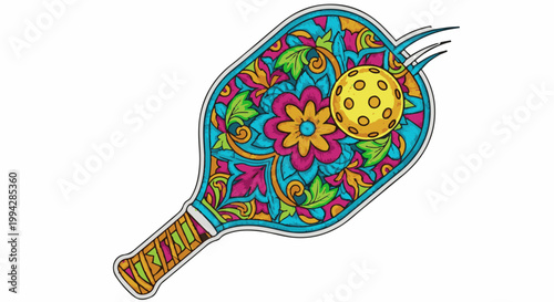 Vibrant pickleball paddle adorned with colorful floral mandala patterns and a yellow ball