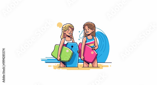 Two young girls with boogie boards on a sandy beach with a blue wave