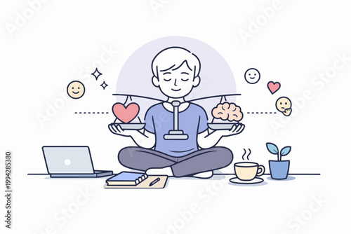 Person balancing heart and brain on a scale, symbolizing emotion and logic equilibrium