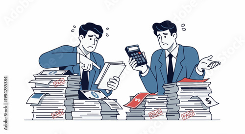 Two worried businessmen with piles of paperwork and currency face financial stress