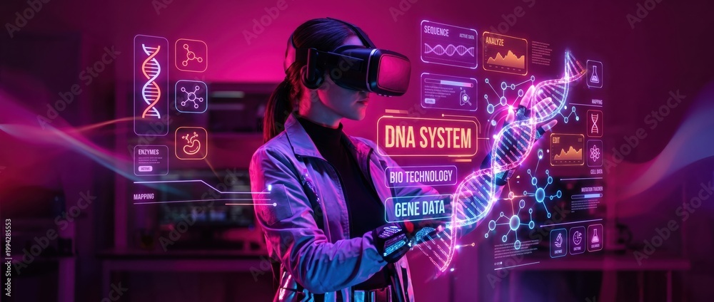 Obraz premium Scientist in VR headset interacts with holographic DNA data and futuristic interface in neon laboratory