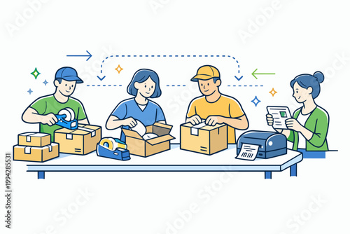 People working in a shipping department, managing the order fulfillment process