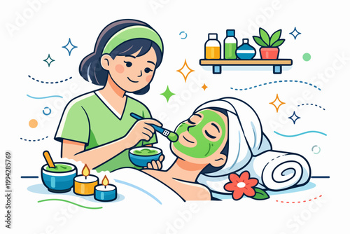 Esthetician applying facial mask on client during relaxing spa treatment