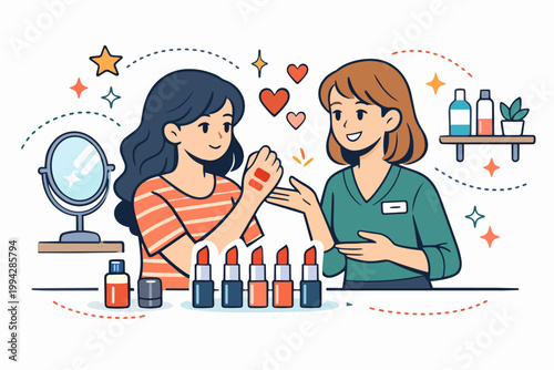 Woman receiving makeup consultation, trying lipstick shades with beauty expert