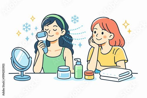 Women enjoying a cooling facial routine using an ice roller for beauty and self-care