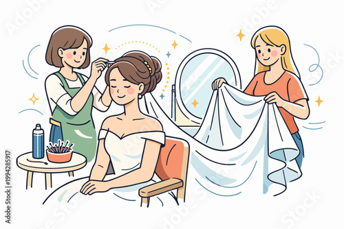 Bride preparing for wedding day with hairstylist and bridesmaid helping with dress