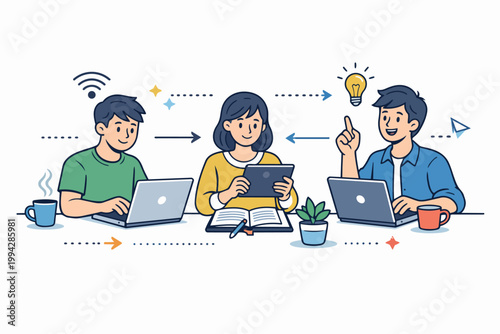 Students collaborating on learning project, sharing ideas, using laptops and tablet