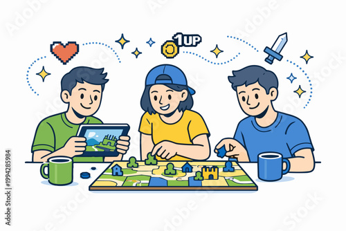 Friends enjoying leisure time playing board games and digital games