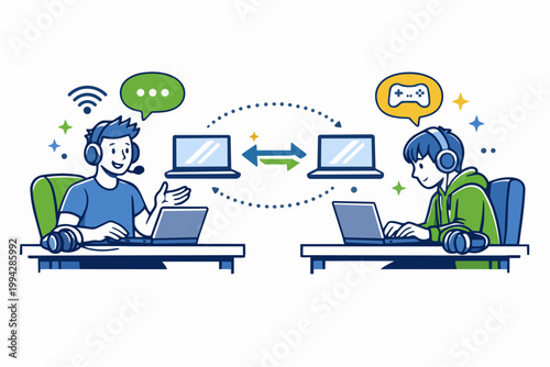Gamers communicating and networking online, connecting through laptops for esports