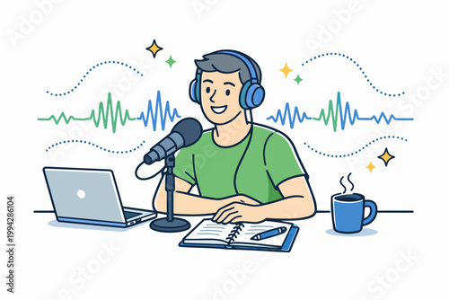 Man recording podcast while broadcasting streaming live radio show online with microphone