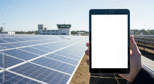 A person holding a tablet with a blank screen in front of a large solar panel array