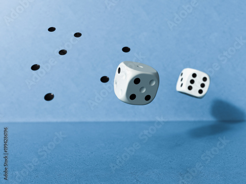 3D rendering of falling dice losing points on blue background