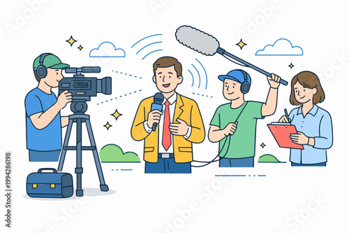 Reporting news, broadcast team working with journalist, cameraman, and sound operator