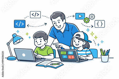 Teacher guiding children learning coding on laptops, developing programming skills