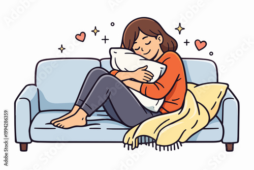 Young woman enjoying comfort and coziness hugging a pillow on her sofa at home