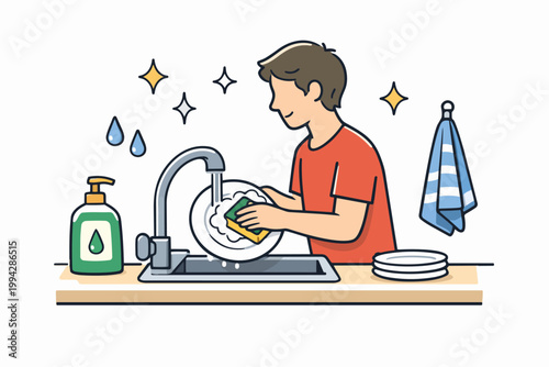 Person washing dishes in kitchen sink, performing household chores and cleaning