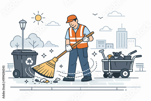 Public cleaner sweeping trash near a recycling bin and a cart with tools