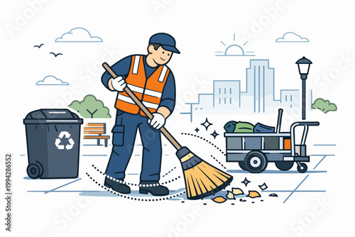 Sanitation worker sweeping city street keeping urban environment clean