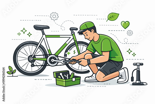 Young man repairing bicycle chain for sustainable transport and eco-friendly lifestyle