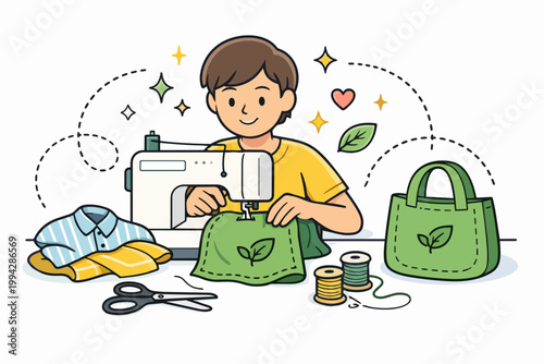 Person sewing eco-friendly fabric, creating sustainable fashion and recycled products