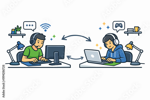 Two gamers communicating and collaborating online through internet connection
