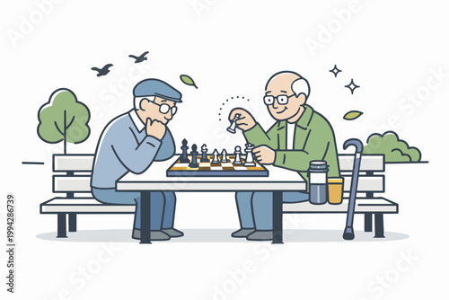 Senior men playing chess in park, enjoying leisure and friendship during retirement