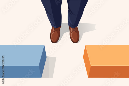 Business person standing at a gap, contemplating options and making a strategic career decision