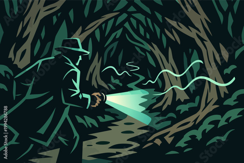 Detective exploring dark forest path at night, holding flashlight while investigating mystery or secret