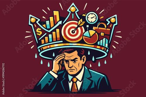 Businessman shows stress from the weight of management, carrying a crown filled with graphs, money, goals, and a briefcase