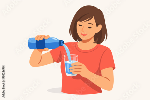 Woman pouring clean fresh water from bottle into glass cup for drinking, staying hydrated and healthy