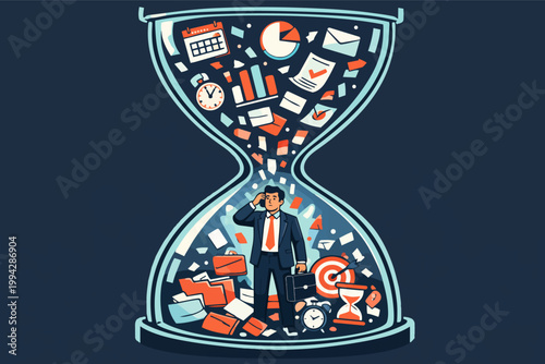 Businessman feeling overwhelmed by tasks and deadlines while time is running out in an hourglass