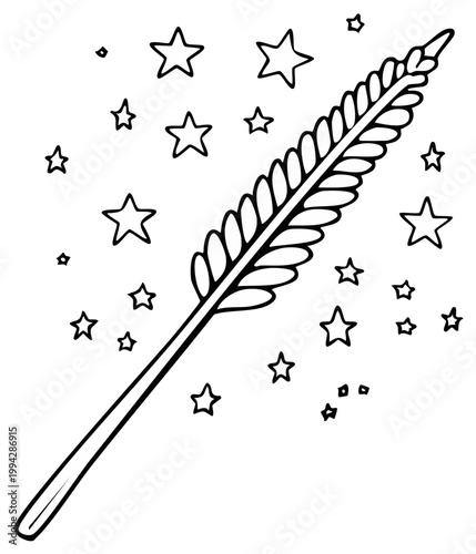 Magical wand and stars illustration, whimsical, line art