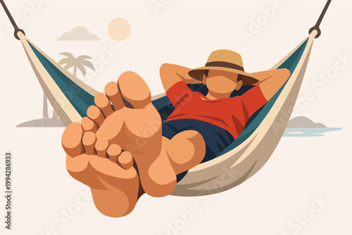 Person relaxing in hammock on beach enjoying summer vacation and tropical holidays with sun, sand, and ocean