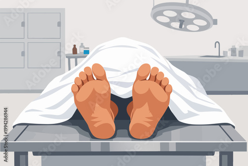 Deceased body lying on an autopsy table in morgue room, showing feet, representing death and post-mortem examination