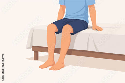 Person sitting on bed edge with feet on floor, preparing to get up and begin the day. Morning routine