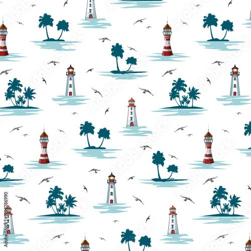 Beautiful lighthouses and small islands with palm trees.Vector seamless pattern with lighthouses and islands in the sea.