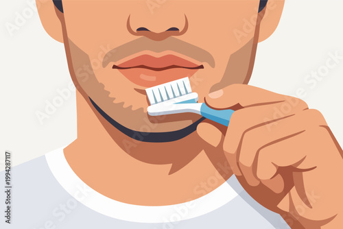 Man brushing and scrubbing facial hair with a toothbrush, cleansing and grooming stubble by oral hygiene tool