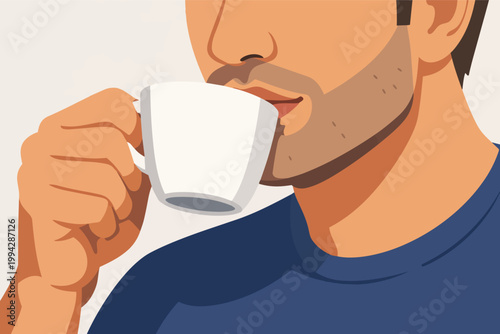 Man drinking hot coffee in morning, enjoying a warm beverage for energy and routine, close-up view