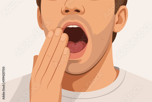 Young man yawning, covering open mouth with hand, expressing tiredness, sleepiness, stress, and fatigue concept