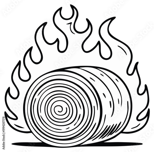 Stylized Hay Bale on Fire Line Art Farm Agriculture Rural Concept