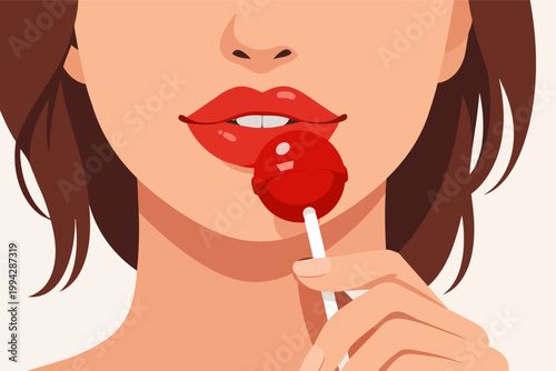 Woman's mouth with red lipstick licking a round red lollipop, showing candy enjoyment, sweetness, and female allure
