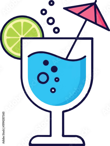 Cocktail glass with umbrella, blue drink, lime wedge, vector illustration, party symbol, barware