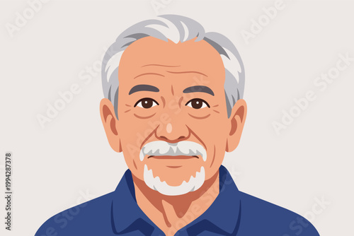 Senior man vector character portrait with grey hair, mustache, and goatee, representing retirement and wisdom