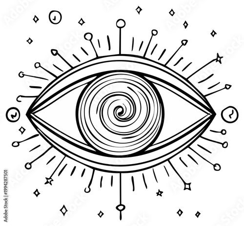 Mystical Eye Symbol with Swirling Pupil and Radiant Rays of Light Celestial Elements
