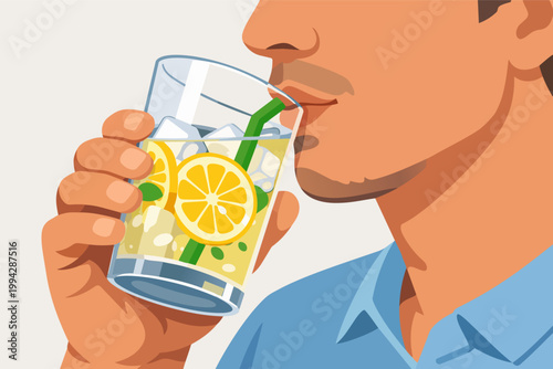 Person hydrating with a glass of cold lemonade, a fresh citrus beverage perfect for quenching thirst in warm weather