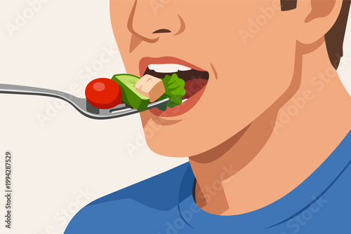 Person eating healthy lunch salading, enjoying fresh organic vegetables for balanced nutrition and wellness