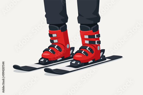 Skier standing, showing protective footwear and equipment, preparing for winter mountain recreation and snow activity