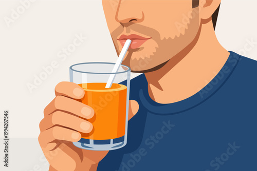 Man sipping fresh orange juice from a glass with a straw, enjoying a healthy, refreshing morning drink for hydration and vitality
